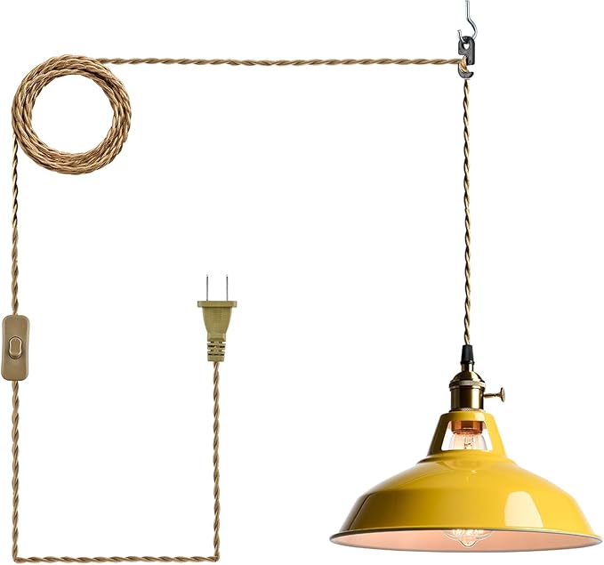 YUBOLE Nordic Plug in Hanging Pendant Light with Yellow Metal Barn Shade | 10.6"W Barn Shade, E26 Hanging Swag Light Fixture with Switch for Kitchen Bedroom Foyer Dining Bar Reataurant Cafe Loft