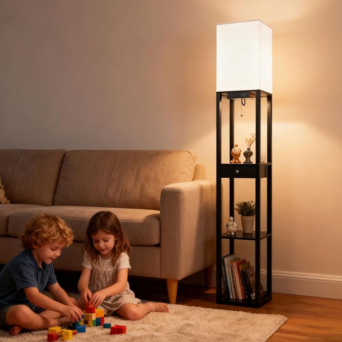 Shelf Floor Lamp with 1 Drawer,2 USB-C Ports,1 AC Outlets, Modern Wood Floor Lamp with Storage, Corner Display Standing Lamp for Living Room, Bedroom, Office