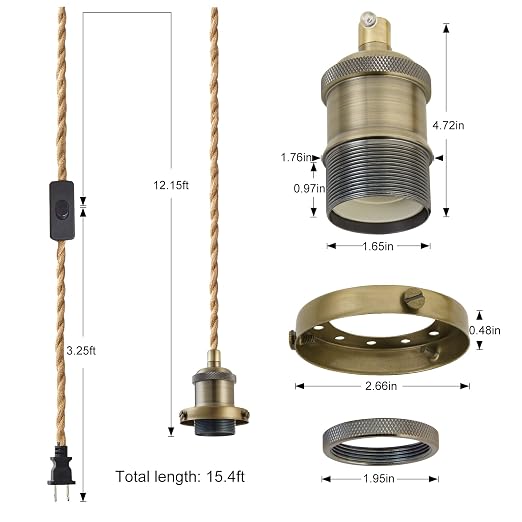 15.4ft Pendant Light Cord Kit, Industrial Vintage Plug in E26 Socket Hanging Light with Switch, Hemp Rope Hanging Light Fixture for Pendant Lamp Farmhouse Lamp Cable DIY