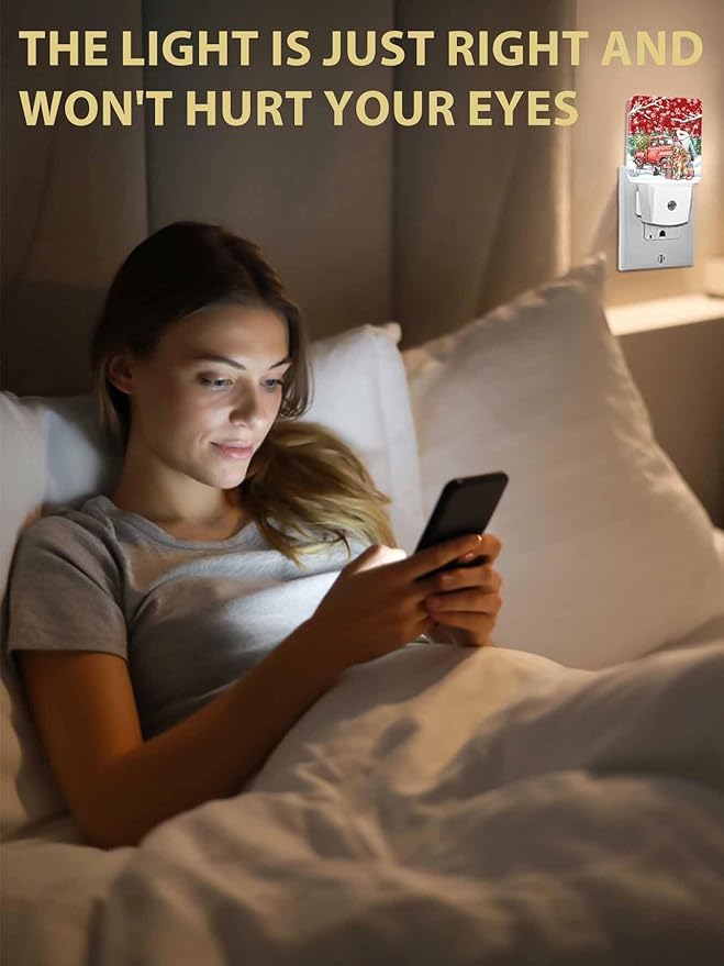 Christmas Night Lights Plug into Wall LED Night Light Christmas Tree Dog and Gift Winter Berry Automatic Dimmable Dusk-to-Dawn Square Shaped Smart Nightlight for Bathroom/Bedroom