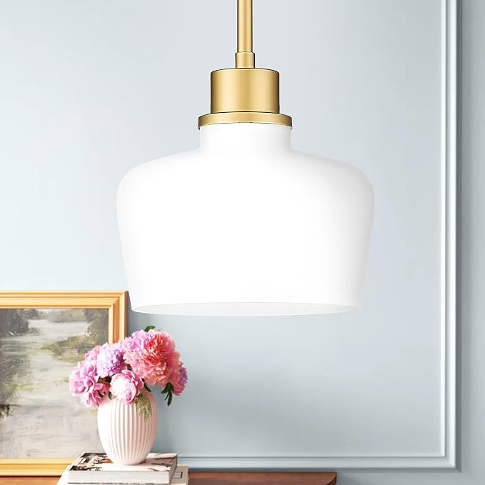Emak 1-Light Painted Gold Pendant Light with Milk Glass Shade, PL122-GD-ML | 8-inch Milk Glass Shade for Soft Light; Vintage Bell-Shaped, 42-inch Adjustable Rods. For Kitchen & Dining rooms. UL Listed.