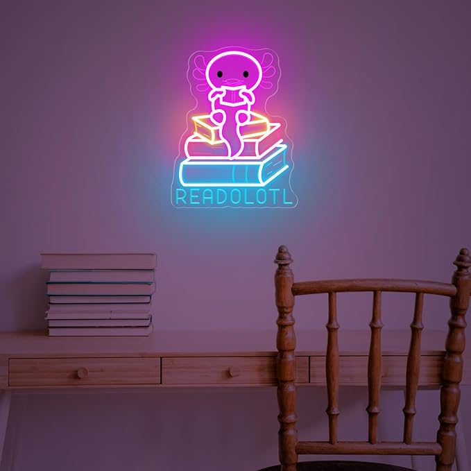 Axolotl Reading Neon Sign, Book Lover LED Light for Classroom Decor | Reading Corner, Classroom Decor, Book Nook, Library Display, Teacher Gift, Cozy Study Space, USB Powered, Soft Glow