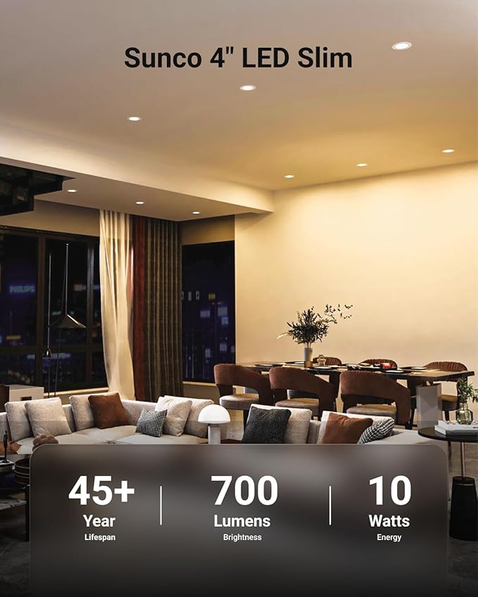 Sunco 24 Pack 4 Inch Ultra Thin LED Recessed Ceiling Lights Slim, 5000K Daylight, Dimmable 10W=60W, 650 LM, Damp Rated, Canless Wafer Thin with Junction Box - ETL & Energy Star.