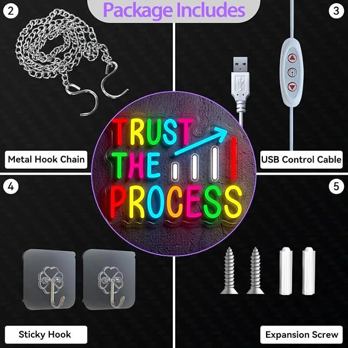 Neon Signs for Classroom, LED Inspirational Wall Decor for Kids Room,Office | Trust The Process Neon Sign, Colorful LED Classroom Decor, Inspirational Wall Art for Kids Room, Bedroom, Office & Playroom