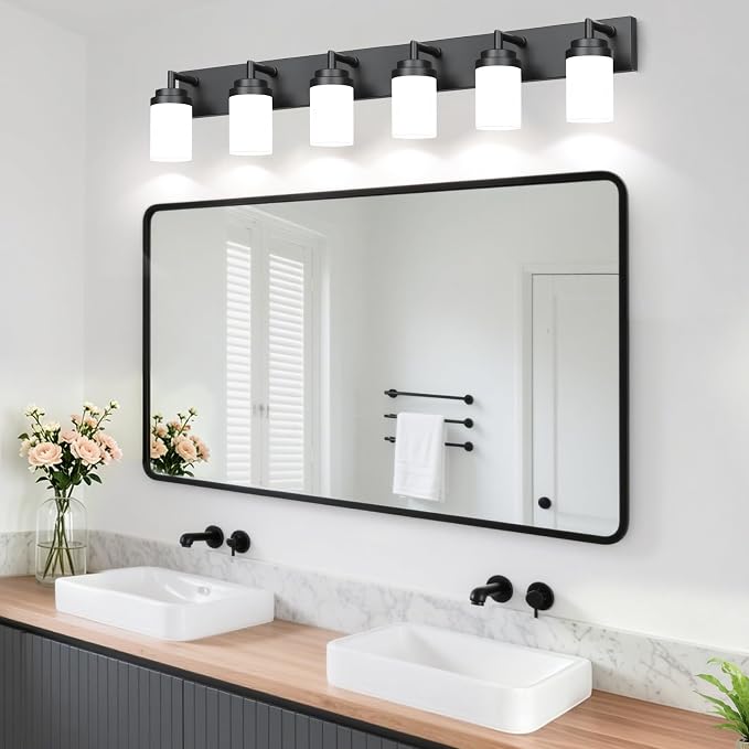 Bathroom Light Fixtures, Matte Black Bathroom Lighting Fixtures Over Mirror, Modern Vanity Light with White Glass Shade, Restroom Lighting Fixtures, 6-Light 46-inch