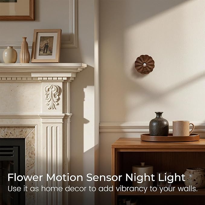 Motion Sensor Night Light Indoor, Rechargeable Wooden Flower Lamp | Black Walnut Carved Fflower Sensor Light, USB-C Rechargeable, Magnetic Mount, Warm Light for Bathroom, Hallway, Home Decor