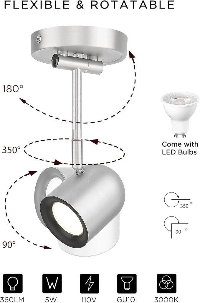 FEMILA LED Track Light, Swing Arm Wall Track Lighting, Bulb Included | 3000K LED Brushed nickel finish adjustable lamp head, wall or ceiling mounting for study, living room, bedside