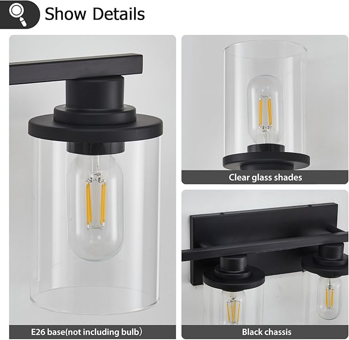 stambord 6 Light Matte Black Bathroom Vanity Light Fixtures with Clear Glass and Metal Base, Black Vanity Lights for Bathroom Over Mirror