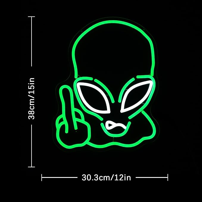 Alien Neon Sign for Wall Decor, USB Powered Green Game Room Neon Light, Green Alien LED Light Up Sign for Kids Birthday New Year Man Cave Teen Party Game Room Decoration