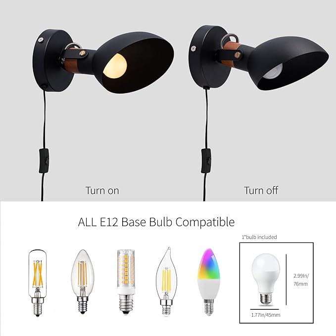 Aisilan Plug Wall Sconce Black Bedroom Wall Sconces Modern Adjustable Wall Lamp with E12 Bulb Wooden Indoor Wall Lighting for Bedside Living Room Hallway Reading 5W 3000K