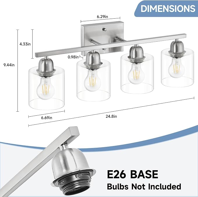 Modern Brushed Nickel 4 Light Bathroom Light Fixtures, 24 inch Vanity Lights for Bathroom with Clear Glass, Bathroom Vanity Light for Mirror Kitchen Living Room Hallway Cabinet Porch