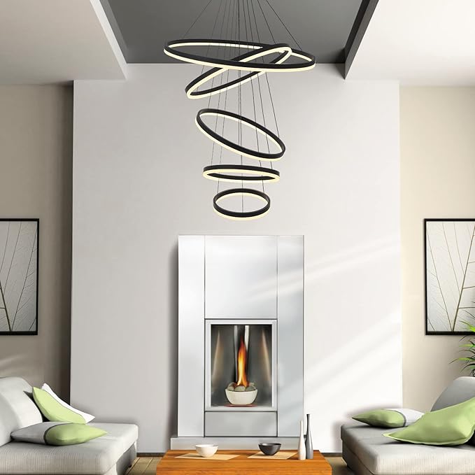 5-Rings Modern LED Chandelier Black Dimmable High Ceiling Chandelier for Dining Room with Remote Control for Foyer Living Room Entryway Staircase(D31.5’’, 3000K-6500K)
