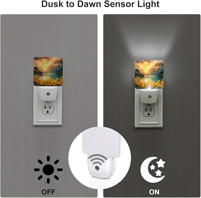Sunflower Sun LED Plug-in Night Light 2-Pack, Auto Sensor Floral Nightlights Set of 2 for Bedroom Bathroom Stairs