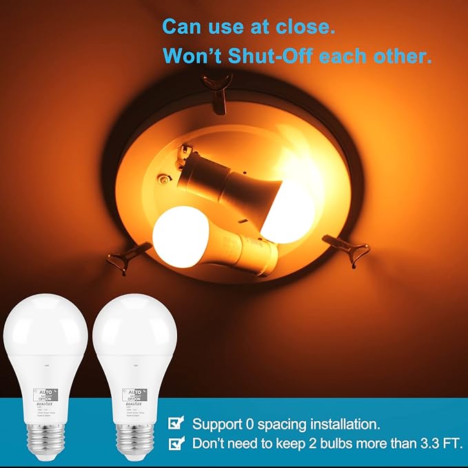 Dusk to Dawn Light Bulbs, Auto On/Off Light Sensing LED Bulbs Outdoor, Amber Yellow Bug Light, A19 4-Pack, 12W 800LM 60W Equivalent, HQ-H020