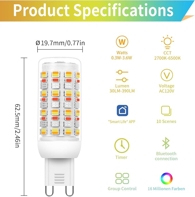 I-SHUNFA Smart G9 RGBCW LED Bulbs, App Control | AC 120V, 2700K-6500K + 16M Colors, Dimmable 1%-100%, 4W 400LM, Music Sync, Timer (3 Pack Bulbs Only)