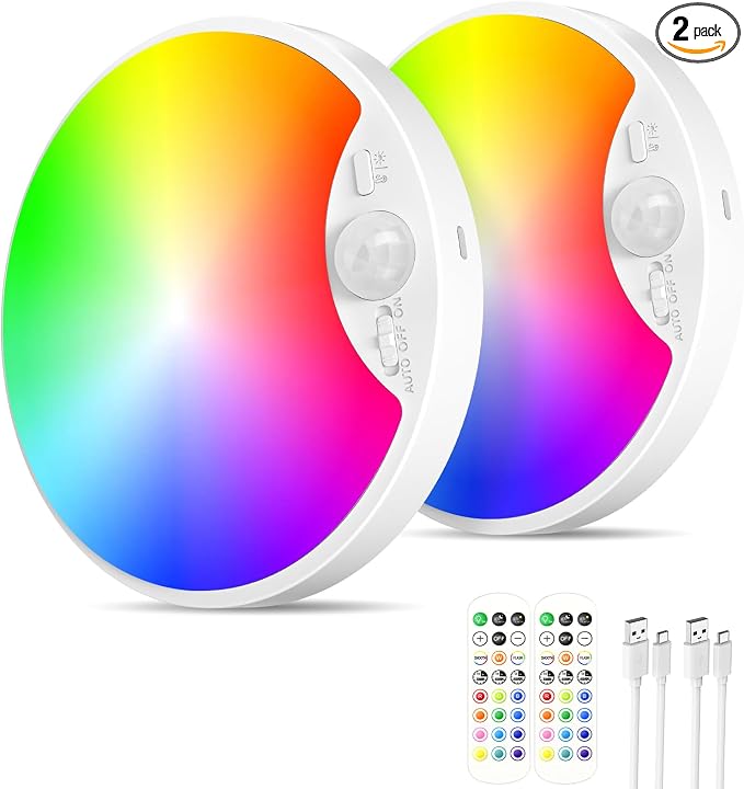 Rechargeable Motion Sensor Ceiling Light, 12000mAh RGB Battery Closet Light | Wireless Battery Powered LED Shower Light, Magnetic Cordless Ceiling Light with Remote, Overhead Lamp for Pantry Shed, 2-Pack
