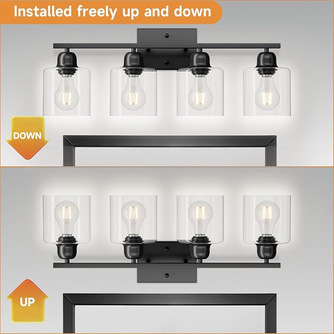 Modern 4 Light Bathroom Light Fixtures, 24 inch Black Vanity Lights for Bathroom with Clear Glass, Bathroom Vanity Light for Mirror Kitchen Living Room Hallway Cabinet Porch