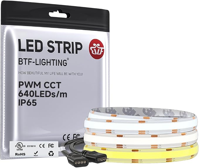 BTF-LIGHTING UL Listed Tunable White 3000K-6000K COB LED Strip Light,IP65 DC12V 9.8FT Dimmable CCT Ultra Bright LED Tape Light for Home Kitchen Office Indoor DIY Lighting(No Adapter or Controller)