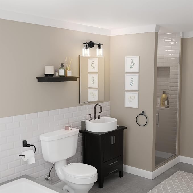 Globe Electric 3-Piece Powder Room Set, Matte Black, 2-Light Vanity with Clear Glass Shades and Matching Hardware, 51850
