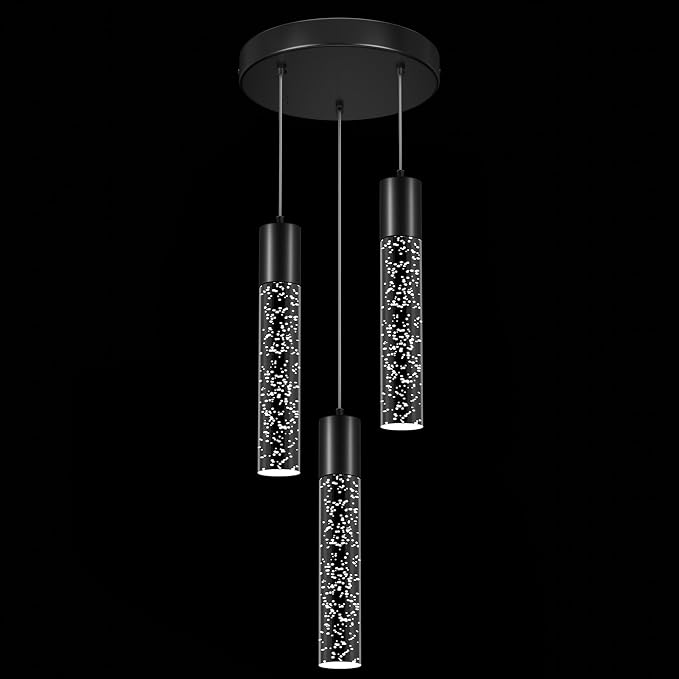 Pendant Lights Kitchen Island, 6500K Modern Kitchen Island Lights Brushed Black, Ceiling Lighting Fixtures with Crystal Bubble, Integrated LED Hanging Light for Dining Room 1 Pack(3-Light)