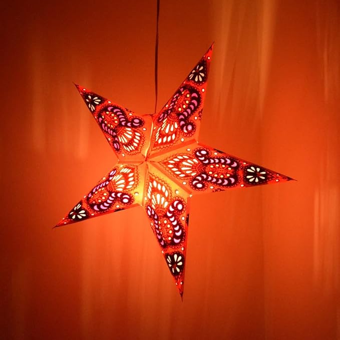 Peacock Paper Star (Red) Lantern with 12 Foot Power Cord Included