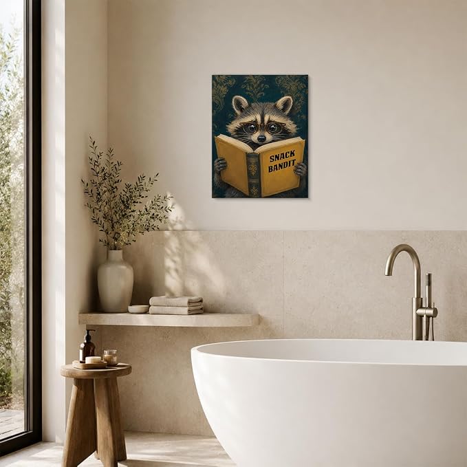 NSFBESSLIA Funny Reading Raccoon Painting, Whimsical Vintage Animal Decor, Snack Bandit, Cottagecore Wall Art for Living Room Bedroom Entryway, 8x10 Inch