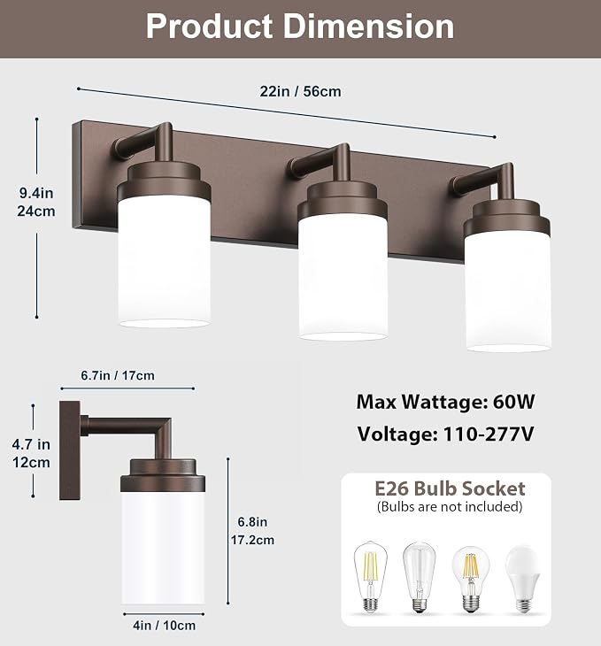 Bathroom Light Fixtures, Oil Rubbed Bronze Bathroom Lighting Fixtures Over Mirror, Modern Vanity Light with White Glass Shade, Restroom Lighting Fixtures, 3-Light 22-inch