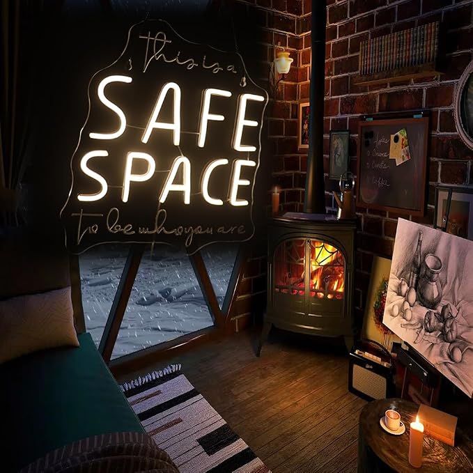 "This Is A Safe Space To Be Who You Are" Neon Sign, Positive Quotes Decorative Neon Lights for Home Room Wall Decor, Kids Room Wall Hanging Banners, Playroom Wall Decor Neon Light Sign(warm white)