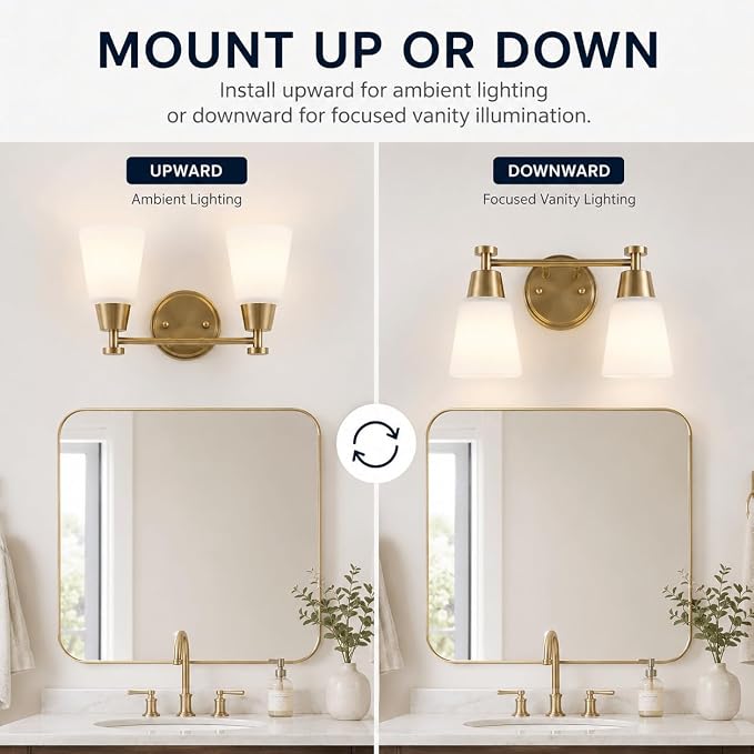 2-Light Bathroom Vanity Light, Gold Finish with Milk Glass Shades, Over Mirror, for Bathroom Vanity