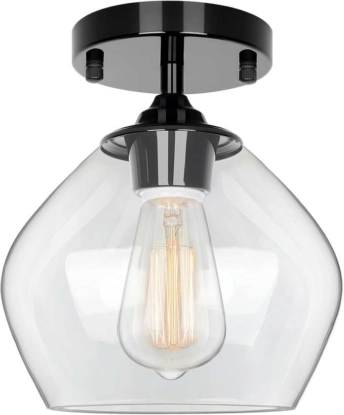 Modern Semi Flush Mount Ceiling Light with Clear Glass Shade, Black | Quick & Easy Installation, Premium Quality, Perfect for Hallway Kitchen Entryway Laundry