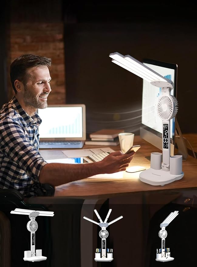 6-in-1 Led Desk Lamp Adjustable Foldable Table Lamp with Fan, Clock, Dates, Temperature, Pen Holder, 3 Color & Stepless Dimming, Reading Lamp for Study Table Work Office