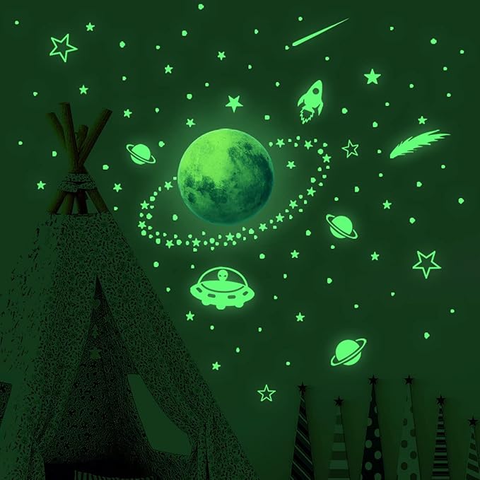 DIY Creativity Starry Sky Astronaut Night Light Stickers Cartoon Rabbit Wall Stickers Star Spaceship Night Light Stickers Room Decoration Wall Stickers (Alien Starry Sky)