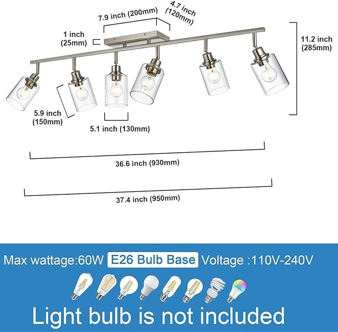 6 Light Track Lighting Fixture Brushed Nickel Track Lighting Kit | Ceiling Wall Mount Rotatable Spotlights with Clear Glass Shades, for Kitchen Island, Bathroom, Hallway, Shop