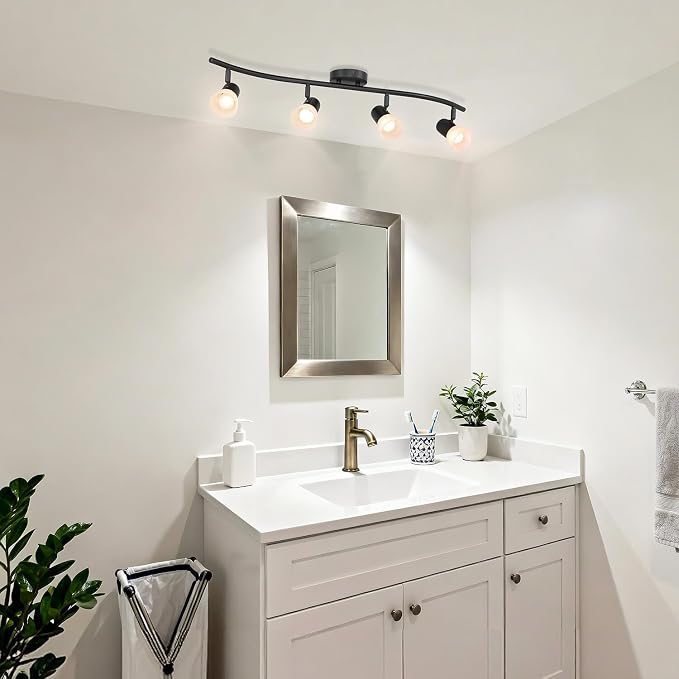 XiNBEi Lighting Black Track Lighting Kit with Glass for Bathroom, 4 Light | Curved Ceiling Spot Light, E26, S-Shaped Bar, Adjustable Head, Ceiling Light Fixture, For Kitchen Sink & Bathroom Hallway