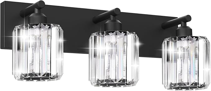 Black Crystal Bathroom Vanity Light, 3-Light Modern Bathroom Lighting Fixtures Over Mirror, Matte Black Wall Sconce Light Fixtures with Round Shade