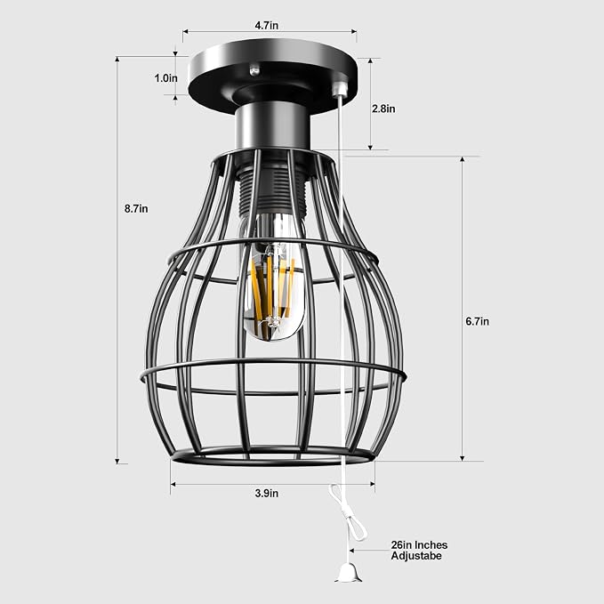 Lightdot Farmhouse Flush Mount Ceiling Light with Pull Chain Industrial Ceiling Light Fixture Rustic Black Metal Cage Close to Ceiling Lamp E26 Base for Closet Hallway Foyer Kitchen-4Pack