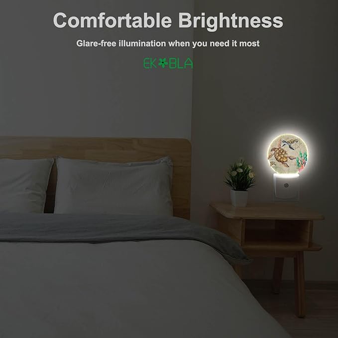 EKOBLA Nautical Coastal Night Light Sea Turtle Ocean Map Seaweed Coral Starfish Plug-in Nightlights Auto LED Lamp Energy Saving Round Lights for Boys Girls Men Women