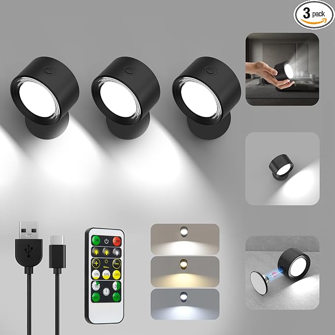 Racokky LED Wall Lights 3 Pcs with Remote, Wall Sconces Lighting 3000mAh Rechargeable Battery Operated, 3 Color Temperatures & Dimmable Magnetic 360° Rotation Cordless Lamp for Bedroom Hallway(Black)