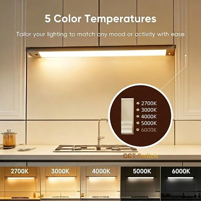 12 Inch Under Cabinet Lights 2 Packs High Brightness Easy Install Plug in, Hand Wave Activated LED Under Counter Lights for Kitchen bookshelf 5CCT&Stepless Dimmable Closet motion Light（12*2）