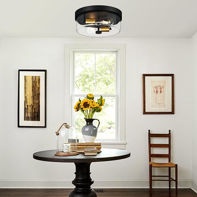 szzgco Flush Mount Ceiling Light Fixtures, 2-Light Black and Gold Ceiling Mount for Farmhouse with Clear Glass Lampshade, Industrial Flush Mount Light Fixture for Hallway, Kitchen, Entryway and Foyer