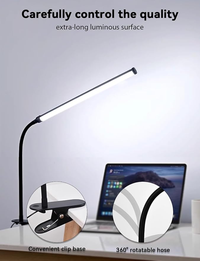 2 Pack LED Desk Lamp with Clamp,Eye-Friendly Clip on Lights for Home Office Study Reading,3 Modes 10 Brightness,Long Flexible Goose-Neck,Swing Arm Architect Task Table Lamps USB Usage