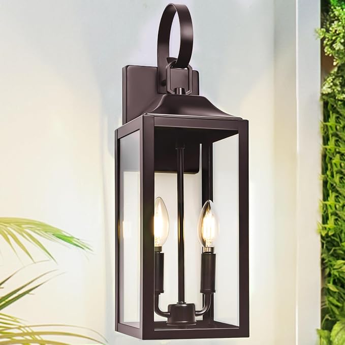 19" Oil Rubbed Bronze Outdoor Wall Lantern 2-Light, Porch & Patio Lights | Modern Outdoor Wall Sconce Front Porch Light with Clear Glass, Large Anti-Rust Outdoor Wall Lights for House, Brown, 1-Pack