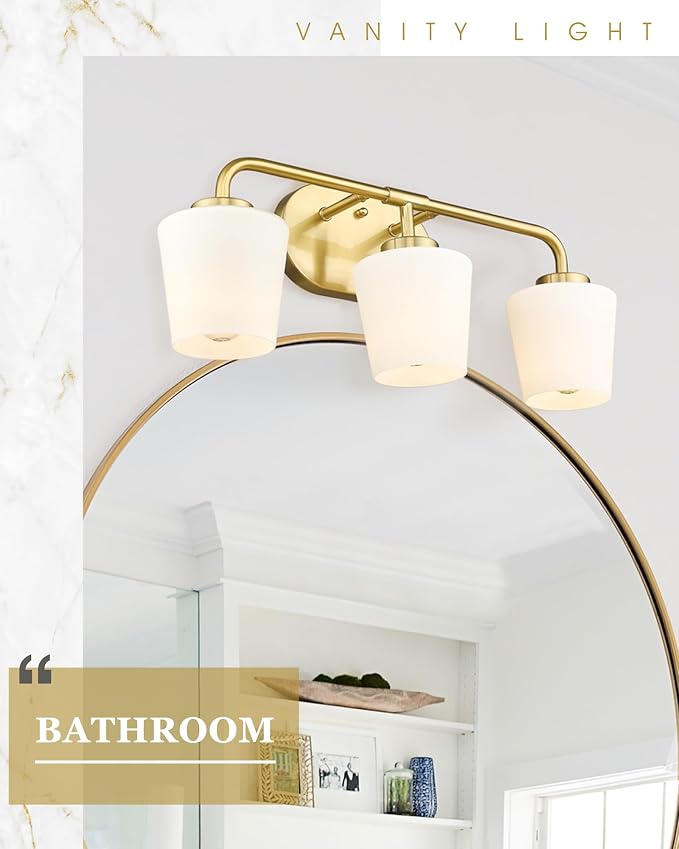 Brushed Gold Bathroom Vanity Light, Farmhouse Brass Sconces Wall Lighting with Milk White Glass, 3-Light Bathroom Light Fixture Over Mirror, AD-22004-3W-GD