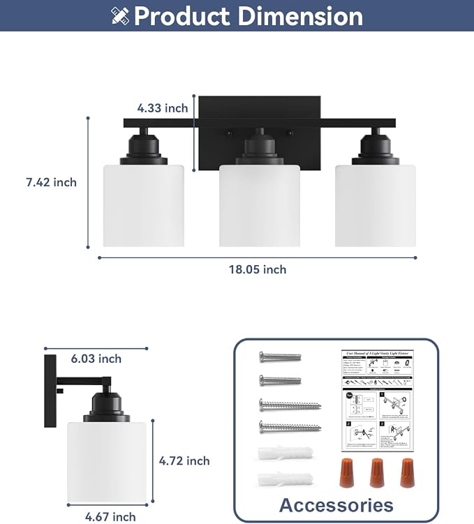 3-Light Bathroom Vanity Light, Anti-Rust Matte Black Bathroom Light Fixtures Over Mirror, Modern Bathroom Lights Wall Mount with Milky White Glass Shades, E26 Base Vanity Lighting