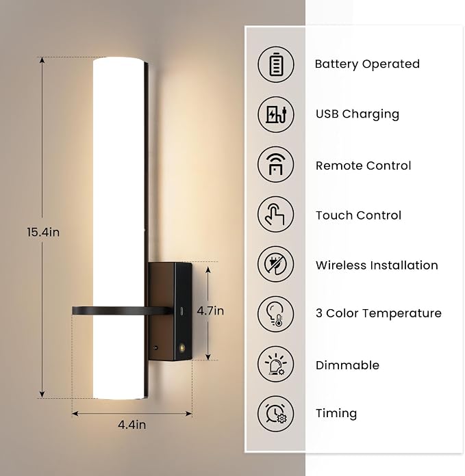 AIJIASI Black Battery Operated Wall Sconces Set of 2, 10000mAh Rechargeable Wireless Wall Sconce with Remote Control, 3000K-6000K Dimmable LED Wall Lights for Living Room Bedroom Hallway 15 Inch