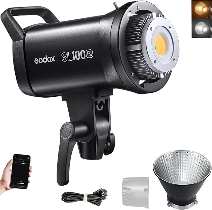 Godox SL100Bi 100W Bi-Color LED Video Light – 32,100 Lux@1M, 2800K-6500K, CRI 96+, TLCI 97+, Bowens Mount, 11 FX, App & Remote Control, Silent Studio Bright Lighting for Video & Photography