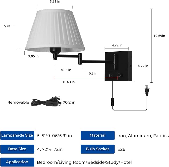 Wall Lamps for Living Room Bedroom Reading Light, Bulb Included | Wall Sconce with USB C+A Charging Ports, Adjustable Swing Arm 270°, Adjustable Color Temperature, White Fabric Cone lampshade