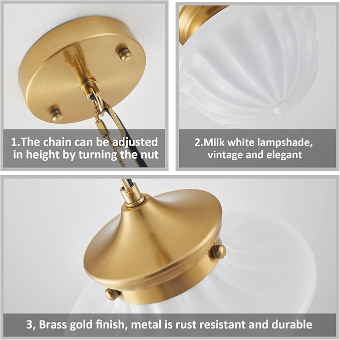 Schoolhouse Pendant Fixtures, 9" Brass Gold Milk Glass Pendant Light, Adjustable Mid Century Ceiling Pendant Lighting for Bedroom Kitchen Living Room Hallway Dining Room