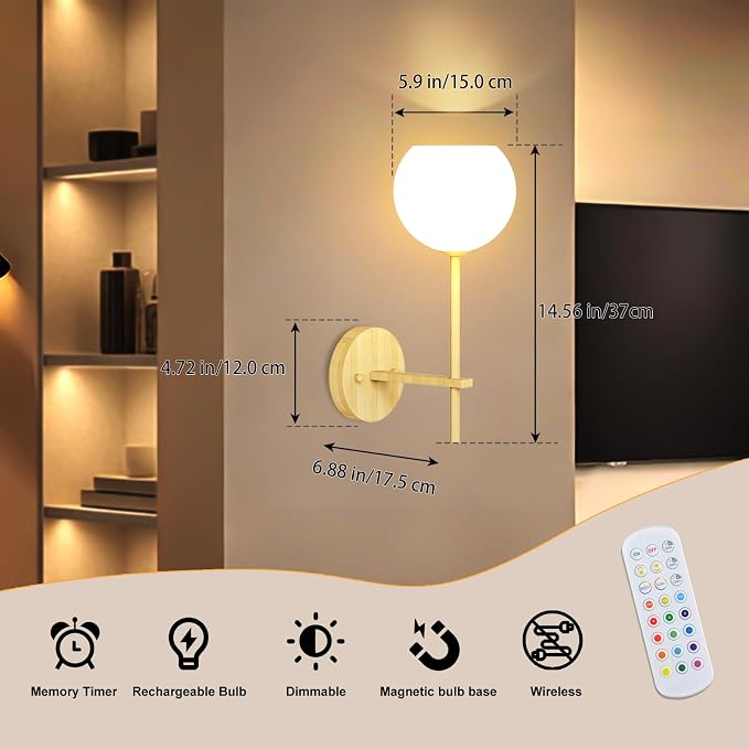 Wood Grain Battery Operated Wall Sconces Set of 2, Rechargeable Wireless Wall Lights with Milky White Frosted Glass, 12 RGB and 3CCT Dimmable Wall Lamps with Remote for Bedroom Living Room Hallway