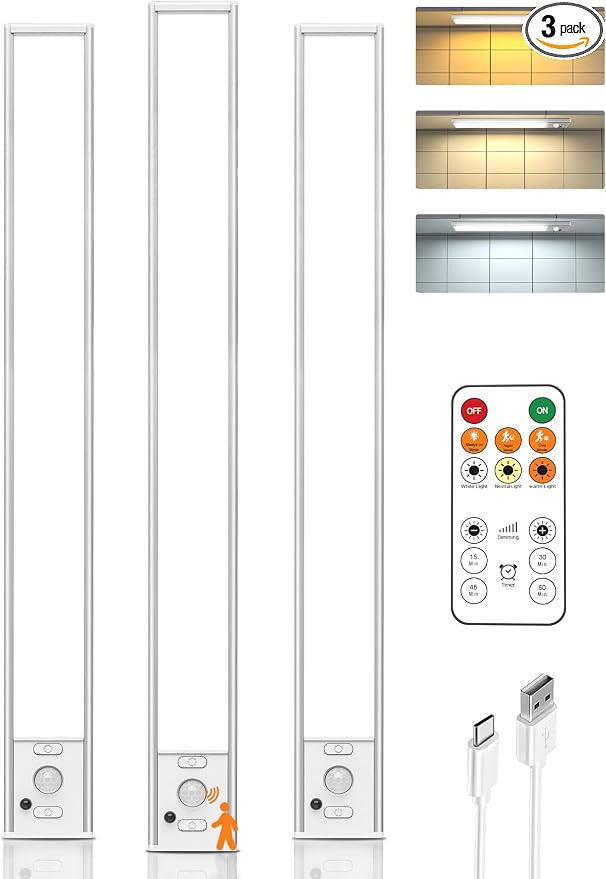 16inch Under Cabinet Lighting Wireless 3 Pack, Rechargeable Motion Sensor Light Indoor, Closet Lights with Remote, 3 Color Temps & Dimmable, Magnetic Under Counter Lights for Kitchen, Stairs, Pantry